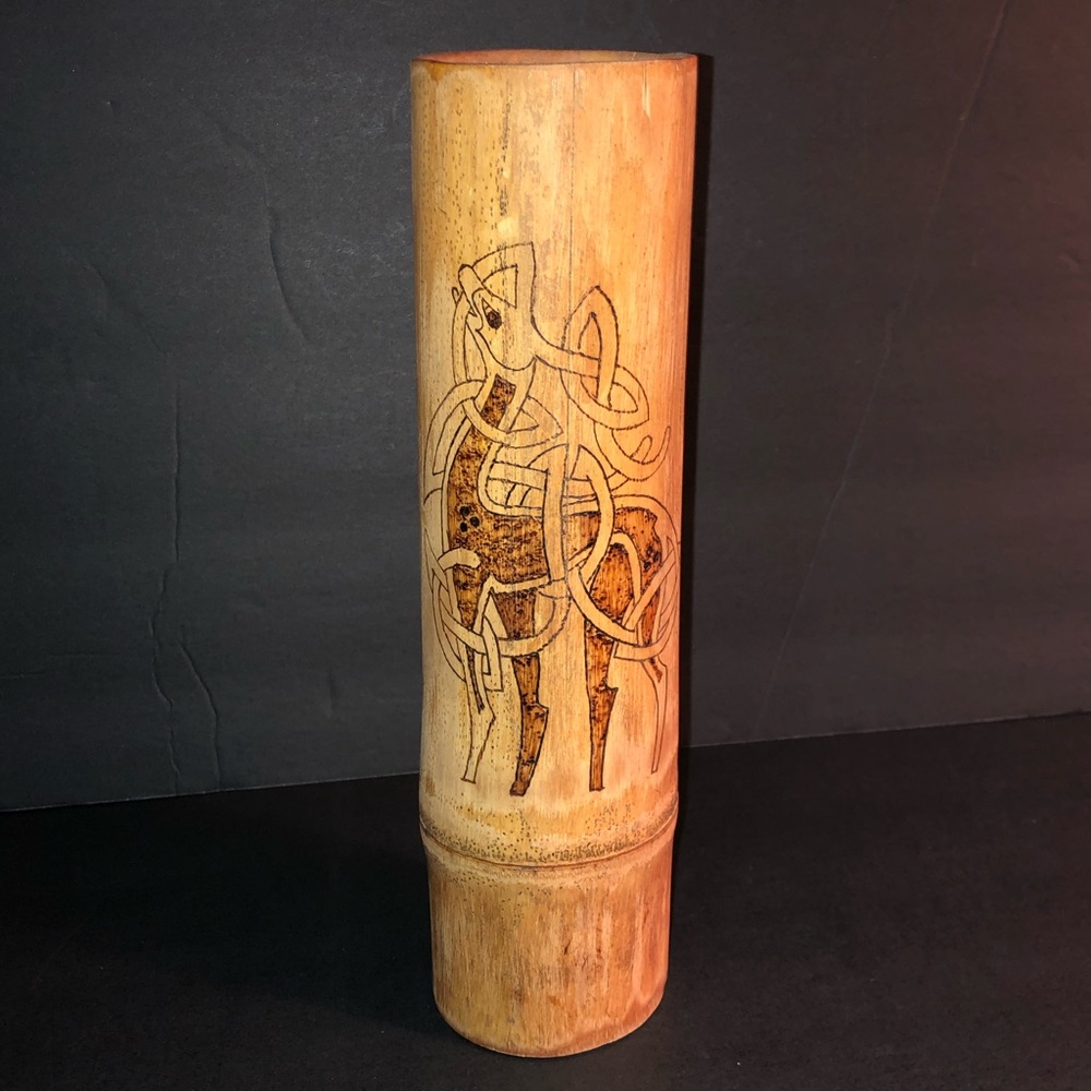 Celtic Design Hand Carved Wood Cylinder Vase or Candle Holder